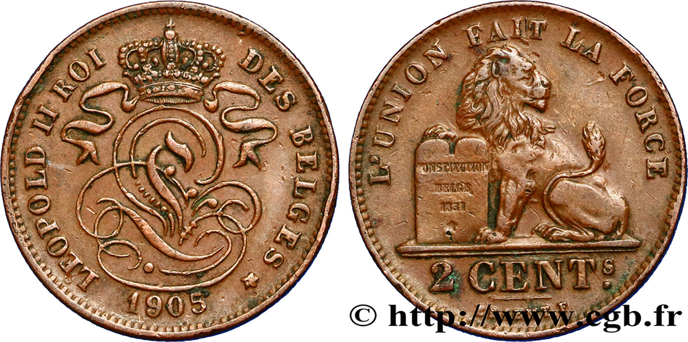 BELGIEN 2 Centimes lion monogramme de Léopold II légende française 1905  fVZ 