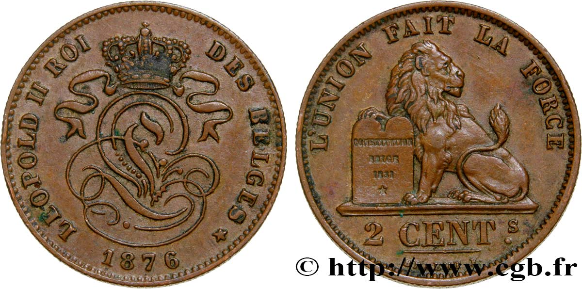 BÉLGICA 2 Centimes Léopold II 1876  EBC 