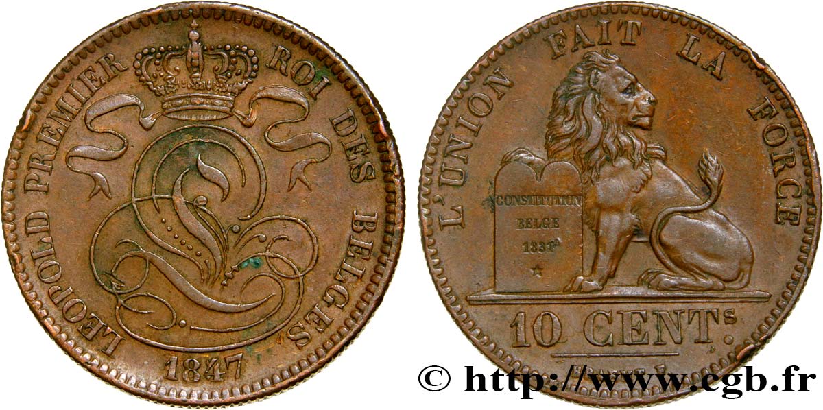 BÉLGICA 10 Centimes Léopold Ier 1847/37 1847 Bruxelles MBC+/BC+ 