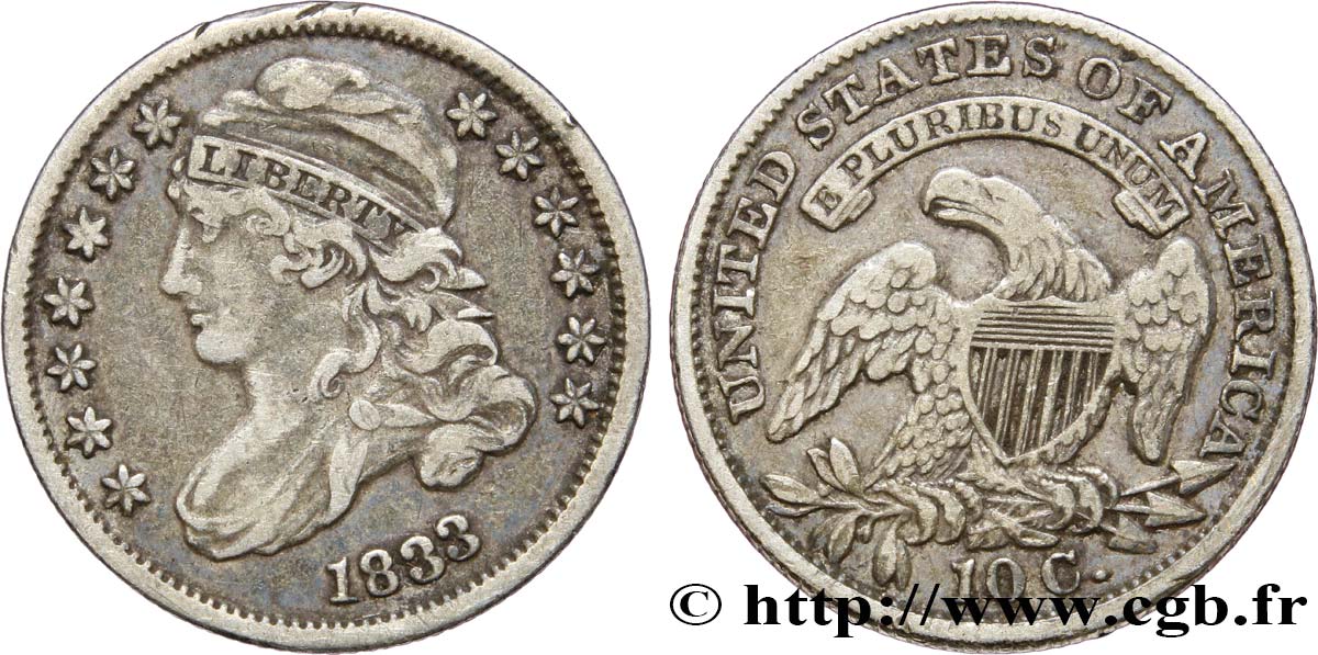 ÉTATS-UNIS D AMÉRIQUE 10 Cents (1 Dime) “capped bust”  1833 Philadelphie TTB 