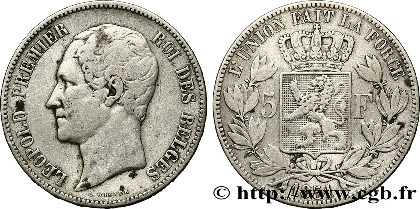 BELGIQUE 5 Francs Léopold Ier 1851  TB 