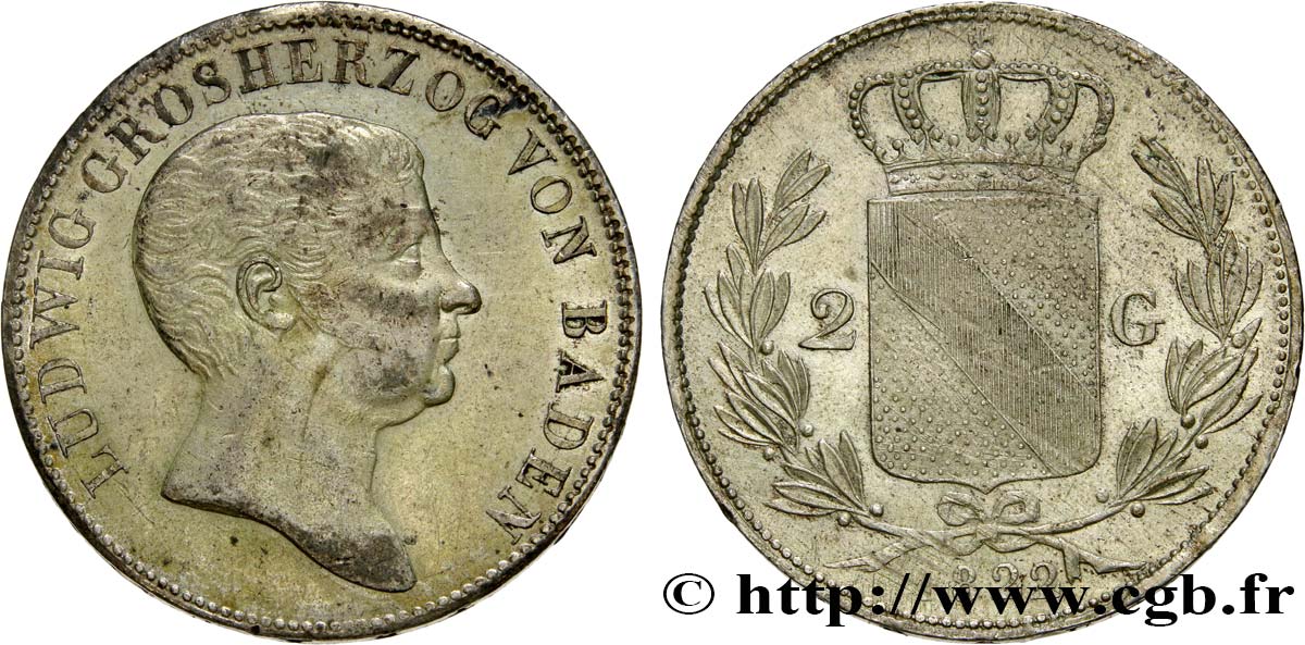 GERMANY - BADEN 2 Gulden Louis Ier 1822 Karlsruhe AU 