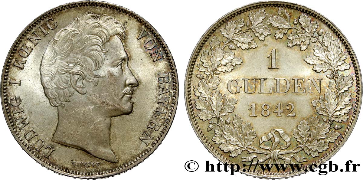 ALLEMAGNE - BAVIÈRE 1 Gulden Louis Ier 1842 Münich FDC 