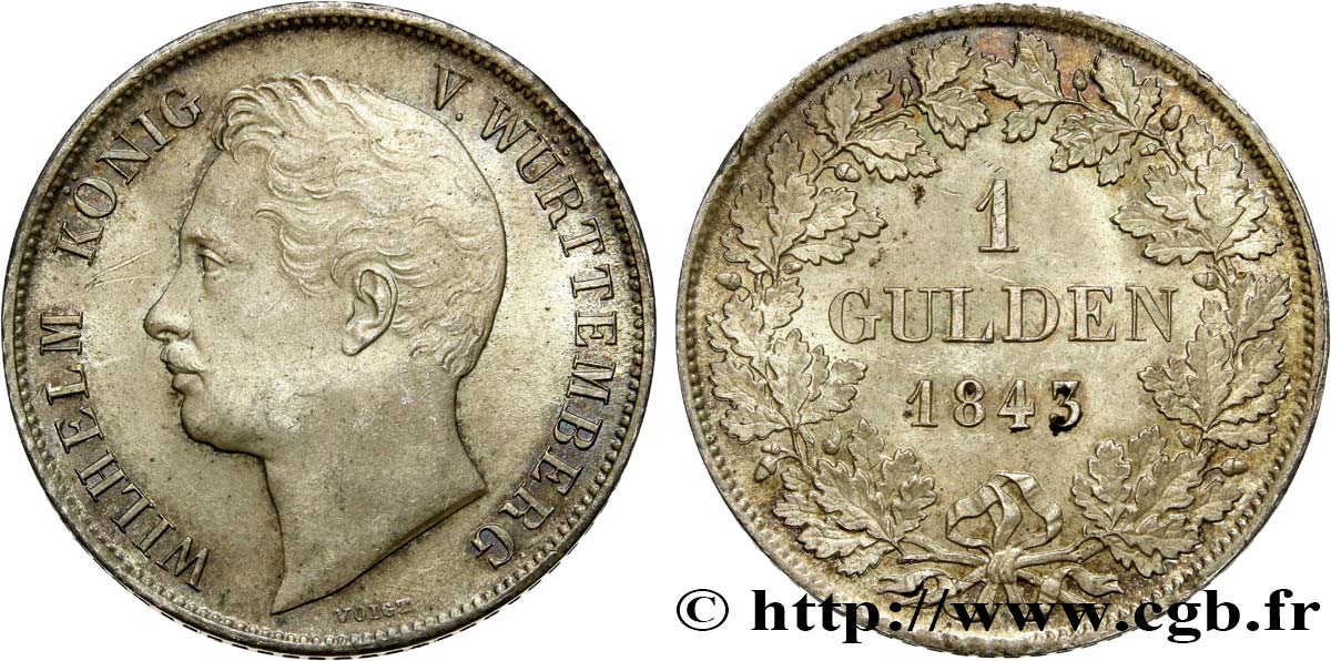 GERMANY - WÜRTTEMBERG 1 Gulden Guillaume 1843 Stuttgart MS 