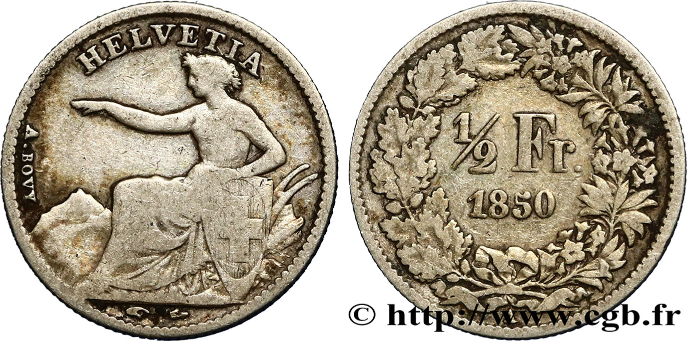 SVIZZERA  1/2 Franc Helvetia 1850 Paris q.MB 
