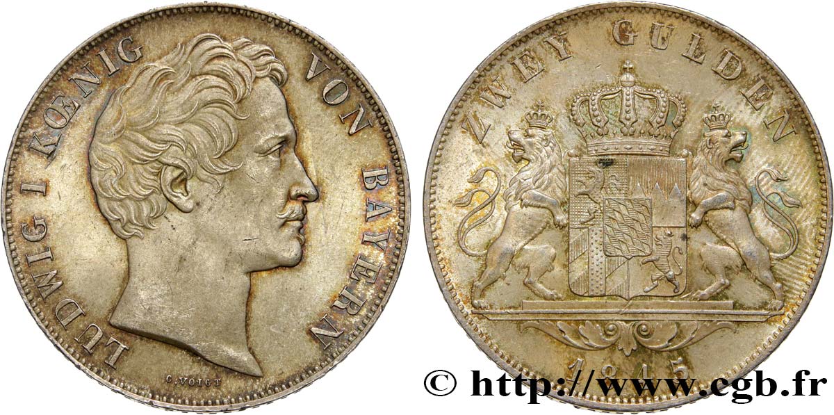 DEUTSCHLAND - BAYERN 2 Gulden Louis Ier 1845 Munich fST 