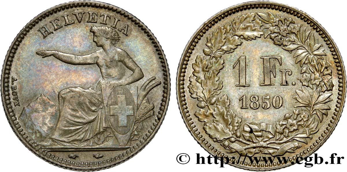 SWITZERLAND 1 Franc Helvetia assise 1850 Paris AU 