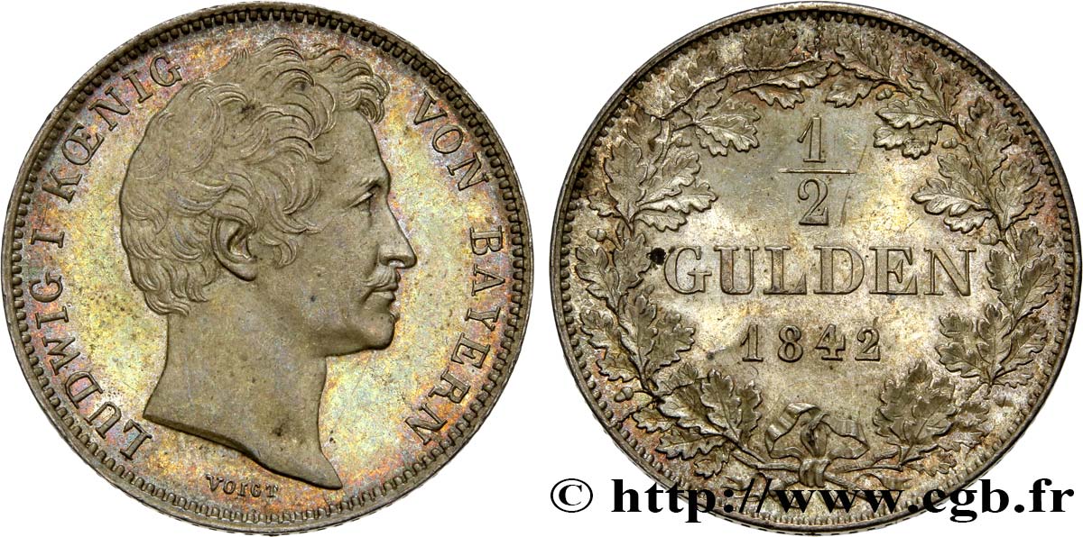 ALLEMAGNE - BAVIÈRE 1/2 Gulden Louis Ier 1842 Munich SPL 