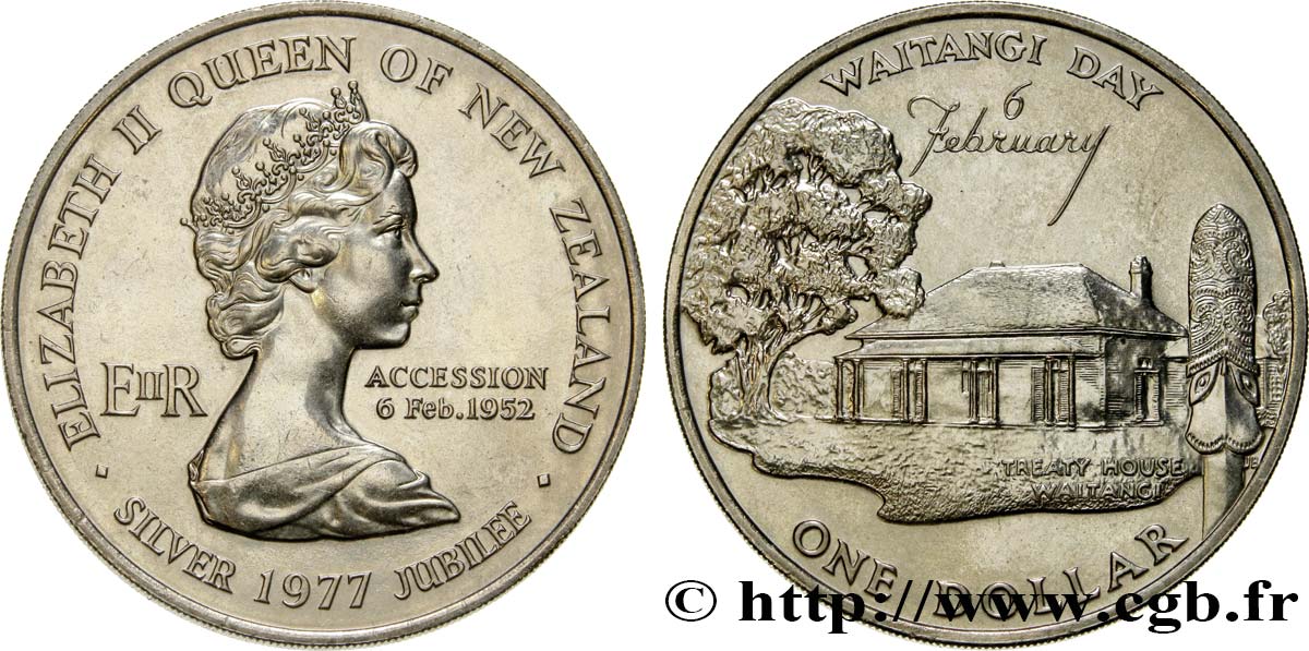NEW ZEALAND 1 Dollar 25e anniversaire de l’accession d’Elisabeth II et Waitangi Day 1977  AU 