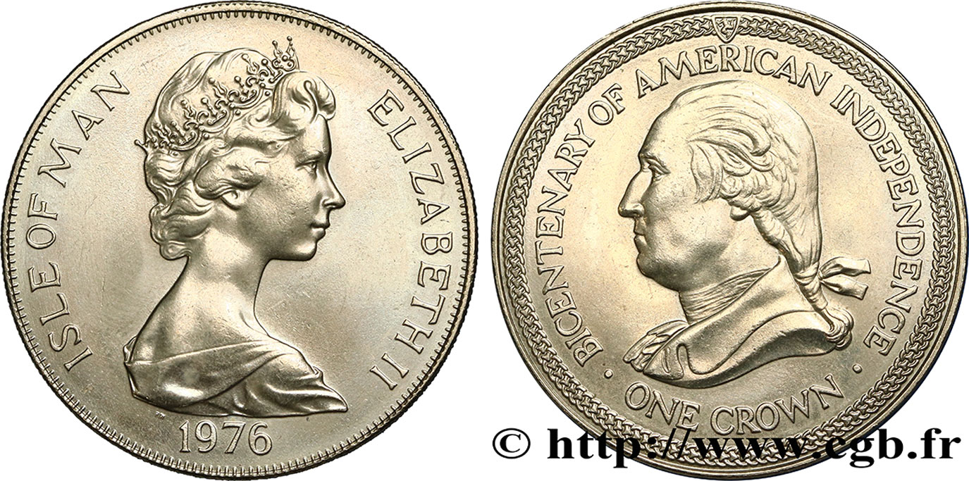 ISOLA DI MAN 1 Crown bicentenaire de la l’Indépendance américaine : Elisabeth II / Georges Washington 1976  SPL 