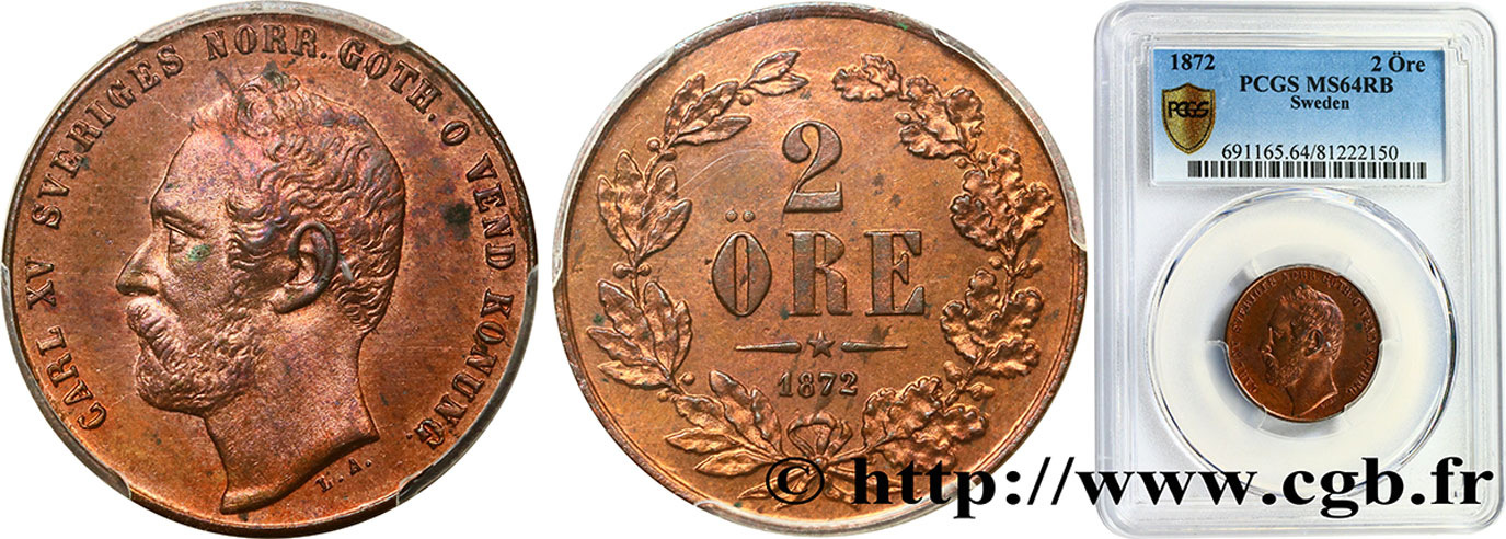 SWEDEN 2 Ore Charles XV 1872  MS64 PCGS