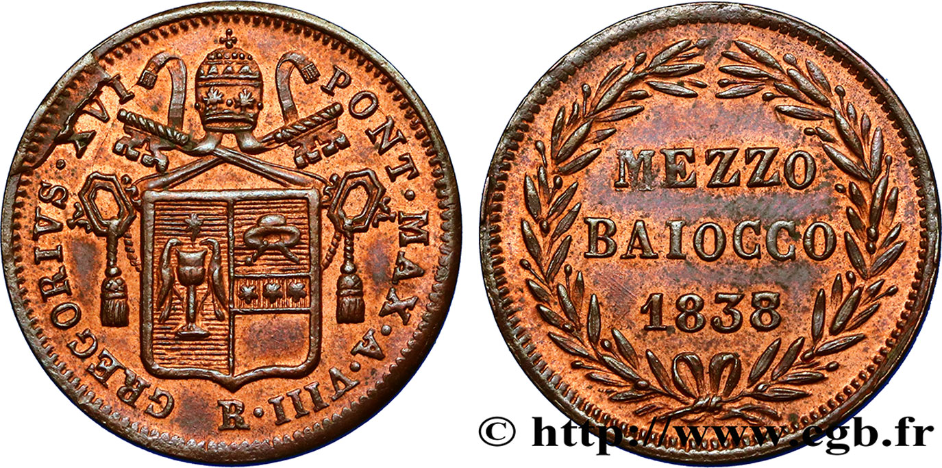 VATICAN AND PAPAL STATES Mezzo Baiocco Grégoire XVI an VIII 1838 Rome AU 