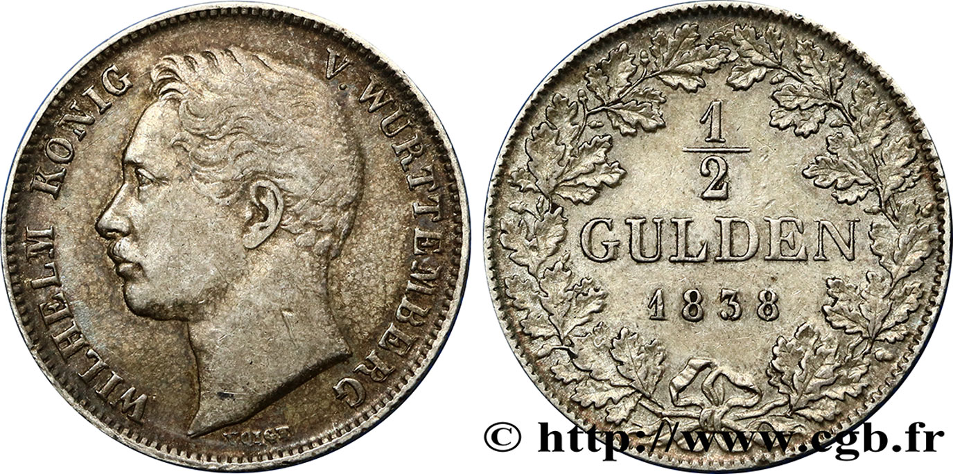 ALLEMAGNE - WURTEMBERG 1/2 Gulden Guillaume 1838 Stuttgart TTB/TTB+ 