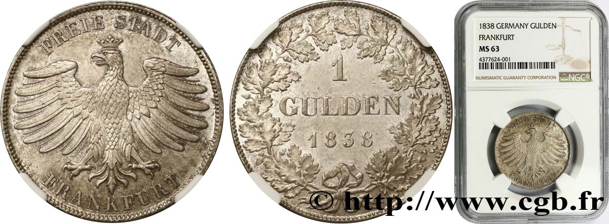 GERMANIA - LIBERA CITTA DE FRANCOFORTE 1 Gulden 1838 Francfort MS63 NGC