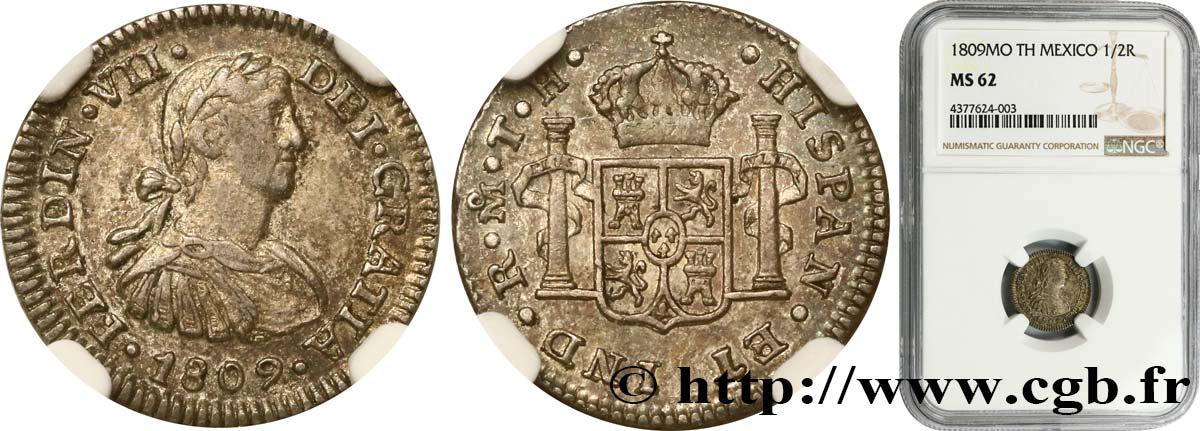 MÉXICO 1/2 Real Ferdinand VII 1809 Mexico EBC62 NGC
