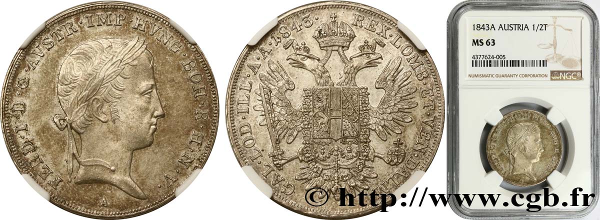 AUTRICHE 1/2 Thaler Ferdinand Ier 1843 Vienne SPL63 NGC