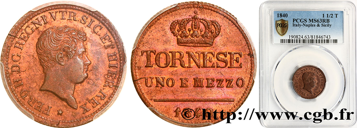 ITALY - KINGDOM OF THE TWO SICILIES - FERDINAND II 1 1/2 Tornese 1840 Naples MS63 PCGS