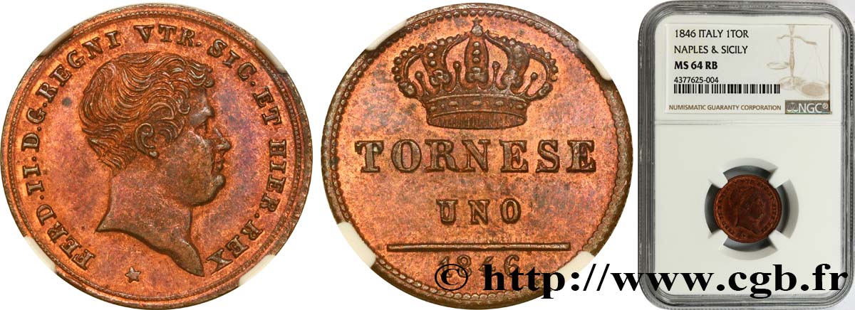 ITALIA - REGNO DELLE DUE SICILIE 1 Tornese Ferdinand II 1846 Naples MS64 NGC