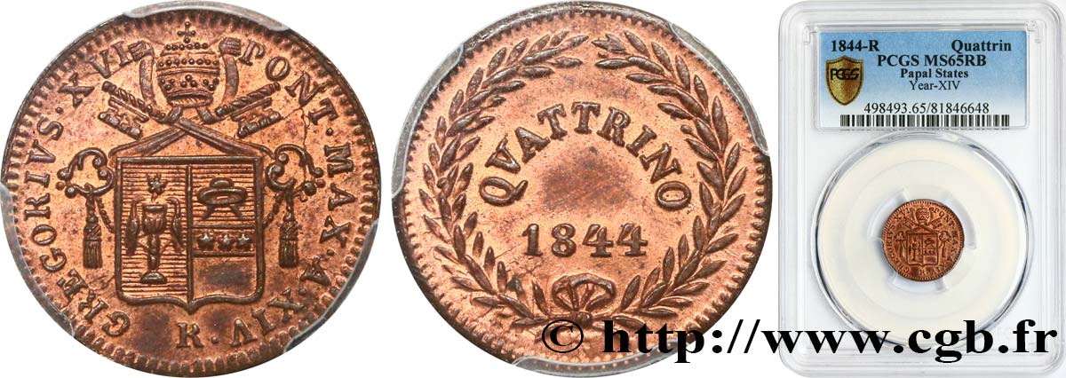 VATICAN - GRÉGOIRE XVI (Bartolomé Albert Cappellari) 1 Quattrino an XIV 1844 Rome FDC65 PCGS