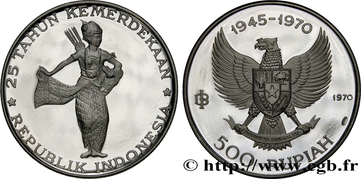 INDONÉSIE 500 Rupiah Proof 25e anniversaire de l’indépendance 1970  SPL 