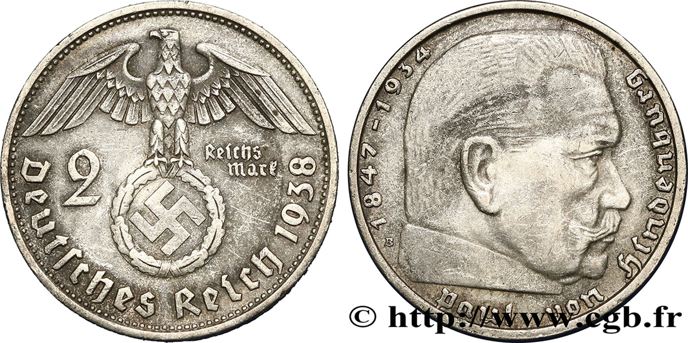DEUTSCHLAND 2 Reichsmark Maréchal Paul von Hindenburg 1938 Vienne - B SS 