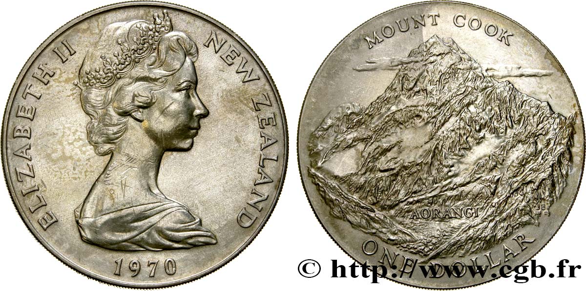 NUEVA ZELANDA
 1 Dollar Elisabeth II / Mont Cook 1970 Canberra EBC 