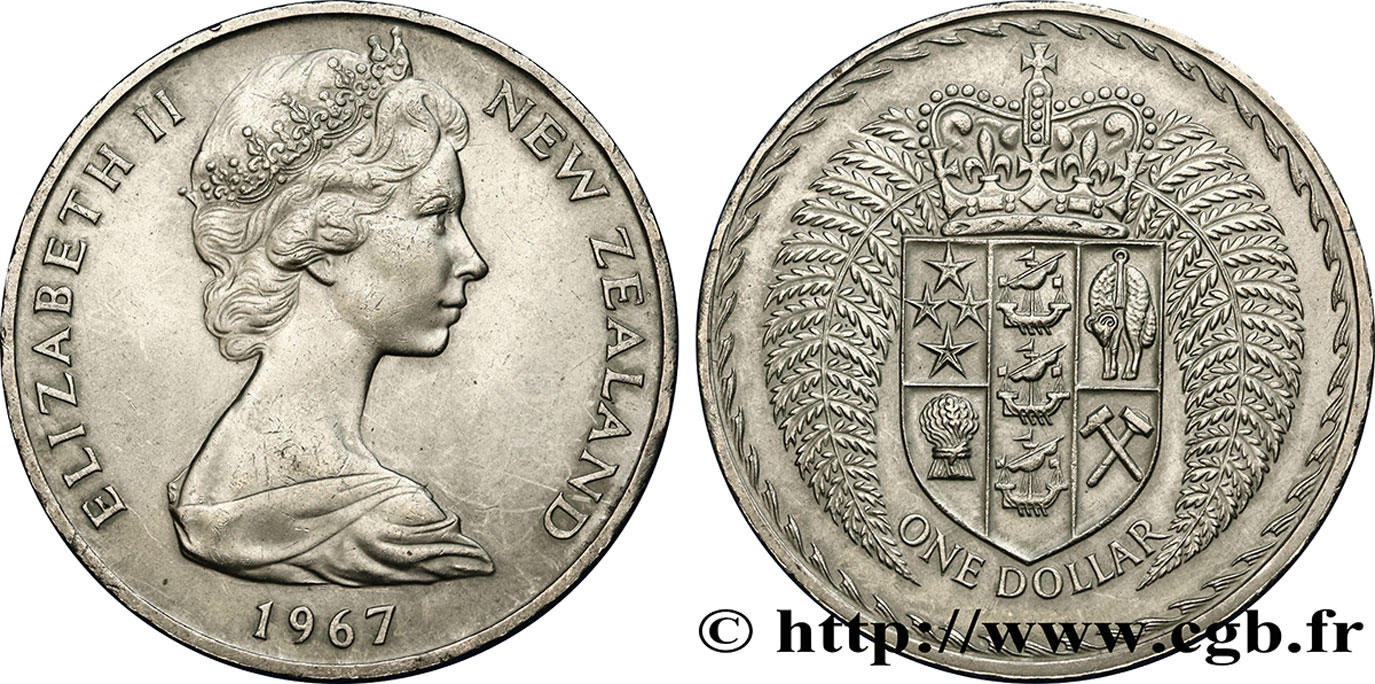 NOUVELLE-ZÉLANDE 1 Dollar Elisabeth II / Emblème couronné entouré de fougères 1967 Royal British Mint SUP 