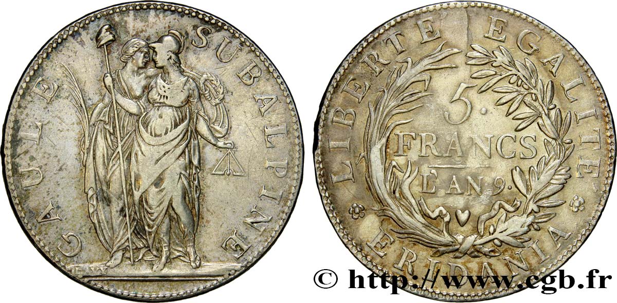 ITALIE - GAULE SUBALPINE 5 Francs an 9 1801 Turin TTB 