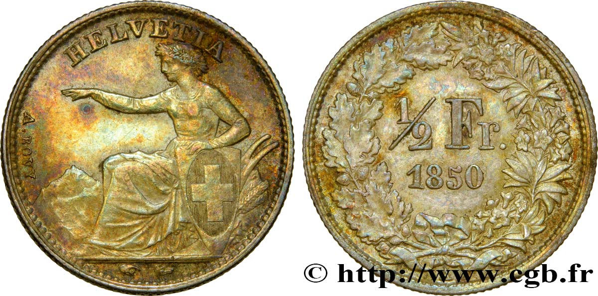 SWITZERLAND 1/2 Franc Helvetia 1850 Paris XF/AU 
