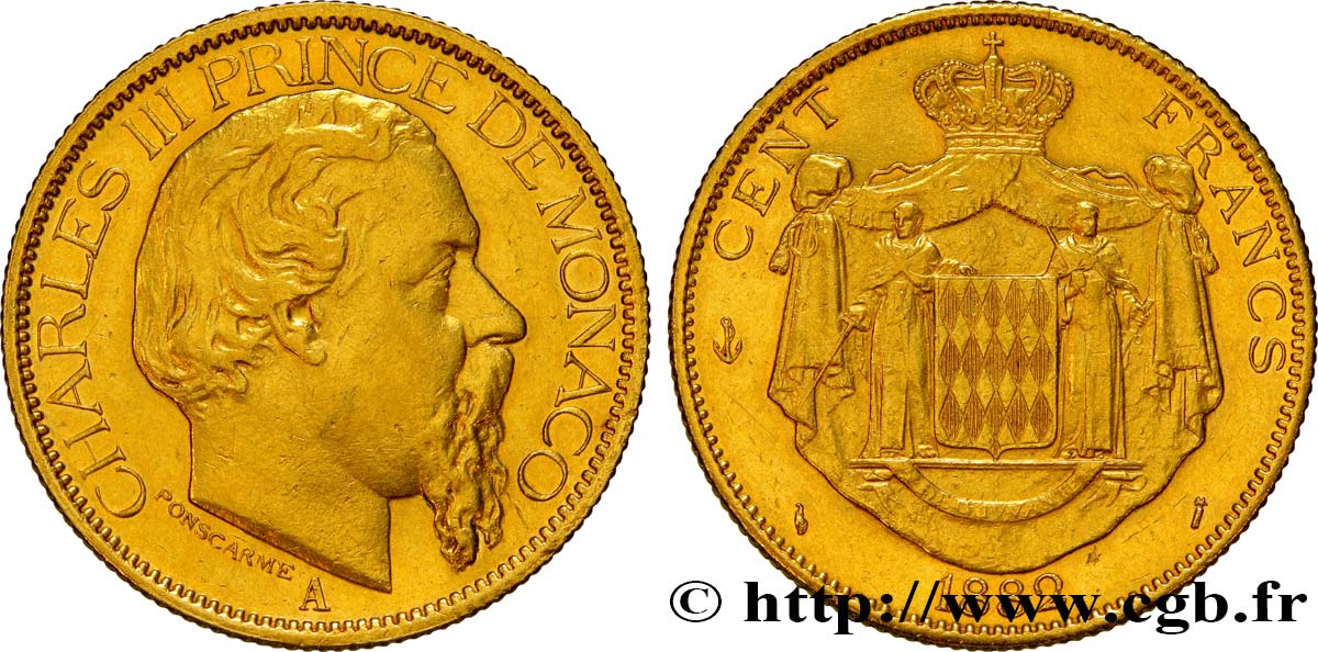 MONACO 100 Francs or Charles III 1882 Paris XF 