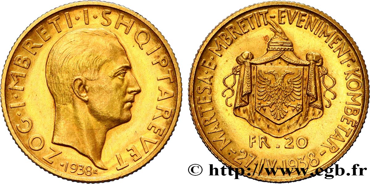 ALBANIE - RÉPUBLIQUE PUIS ROYAUME D ALBANIE - ZOG 20 Francs or ou  20 Franga Ari 1938 Rome EBC 