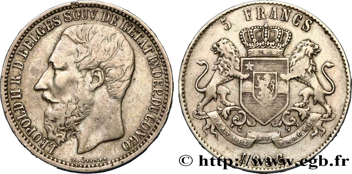 CONGO - ÉTAT INDÉPENDANT DU CONGO - LÉOPOLD II 5 Francs 1896/4 Bruxelles TB+ 