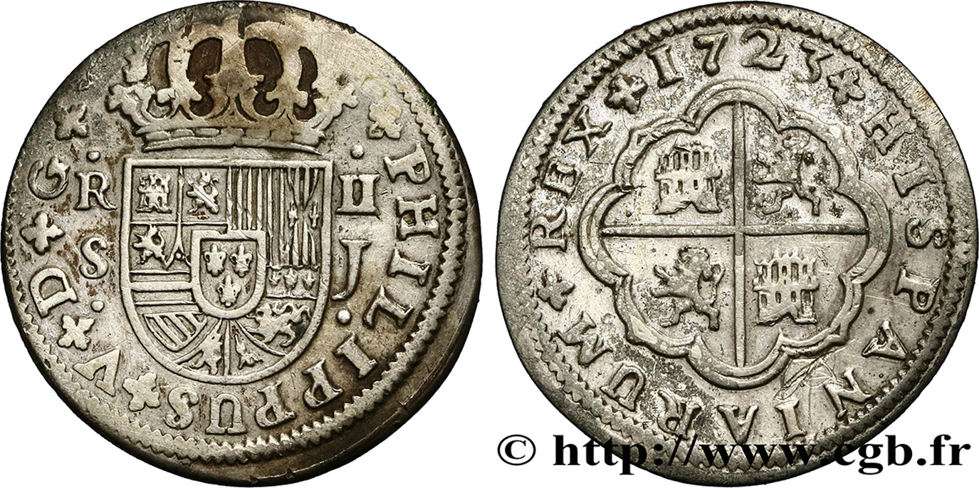 SPAIN 2 Reales au nom de Philippe V 1723 Séville VF 