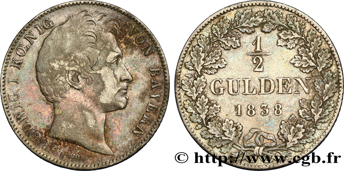 ALLEMAGNE - BAVIÈRE 1/2 Gulden Louis Ier 1838 Munich TB+ 