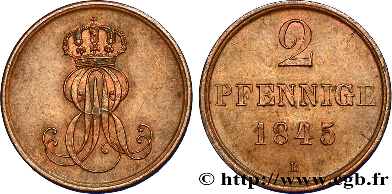 ALLEMAGNE - HANOVRE 2 Pfennige Royaume de Hanovre monograme EAR (roi Ernest-Auguste) 1845  SUP 