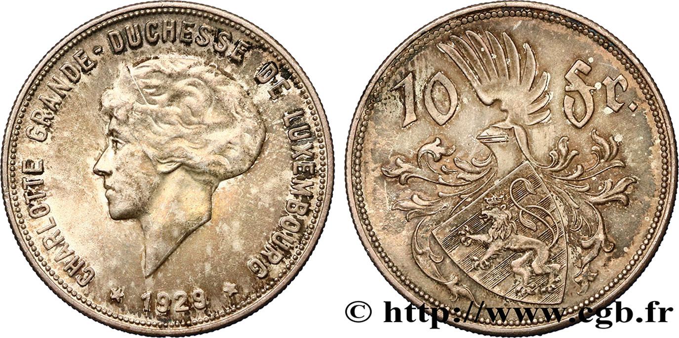 LUXEMBOURG 10 Francs Princesse Charlotte 1929  SPL 