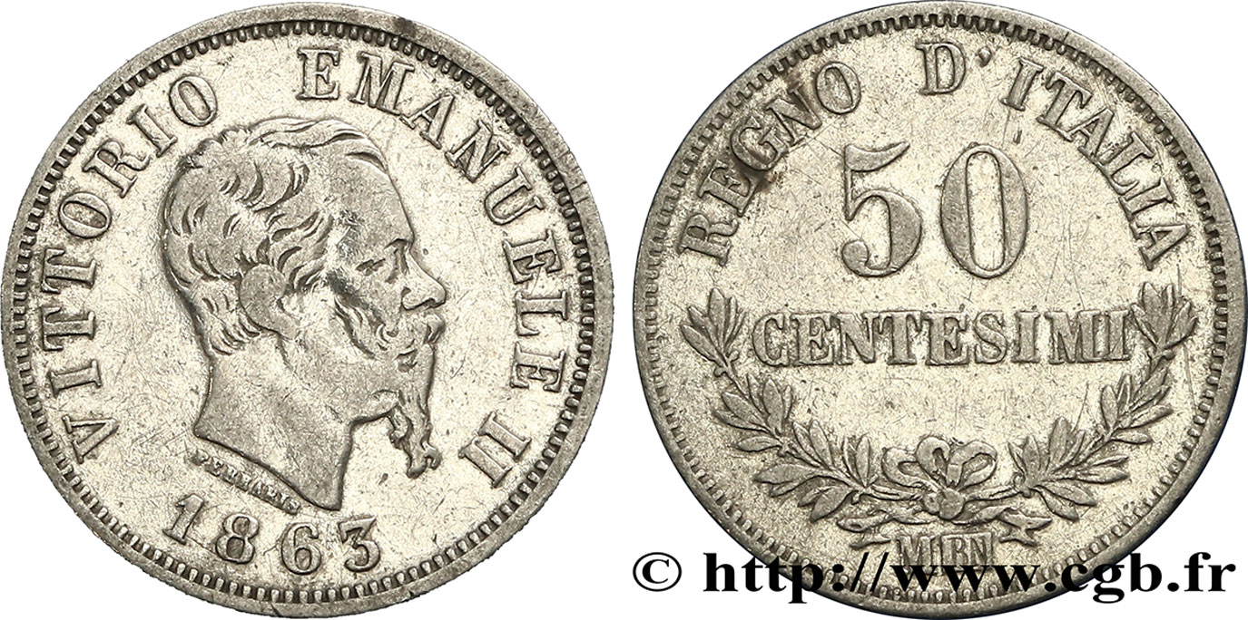 ITALIE 50 Centesimi Victor Emmanuel II 1863 Milan TB 
