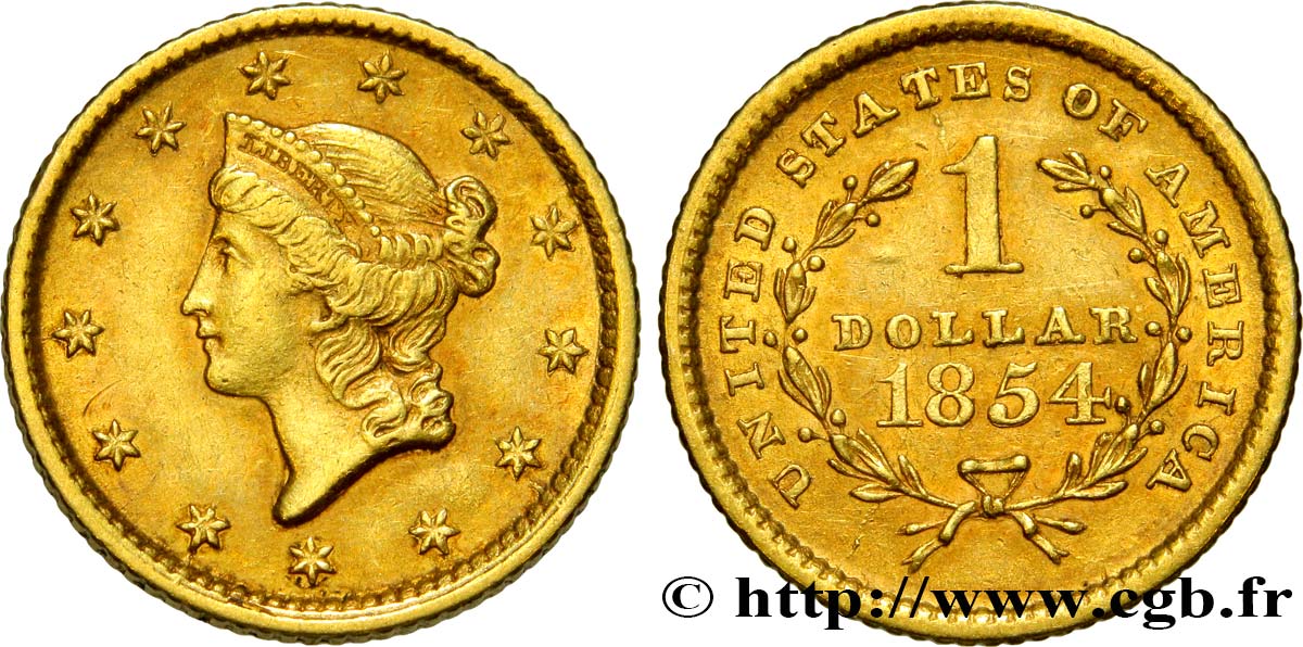 STATI UNITI D AMERICA 1 Dollar Or  Liberty head  1er type 1854 Philadelphie BB/q.SPL 