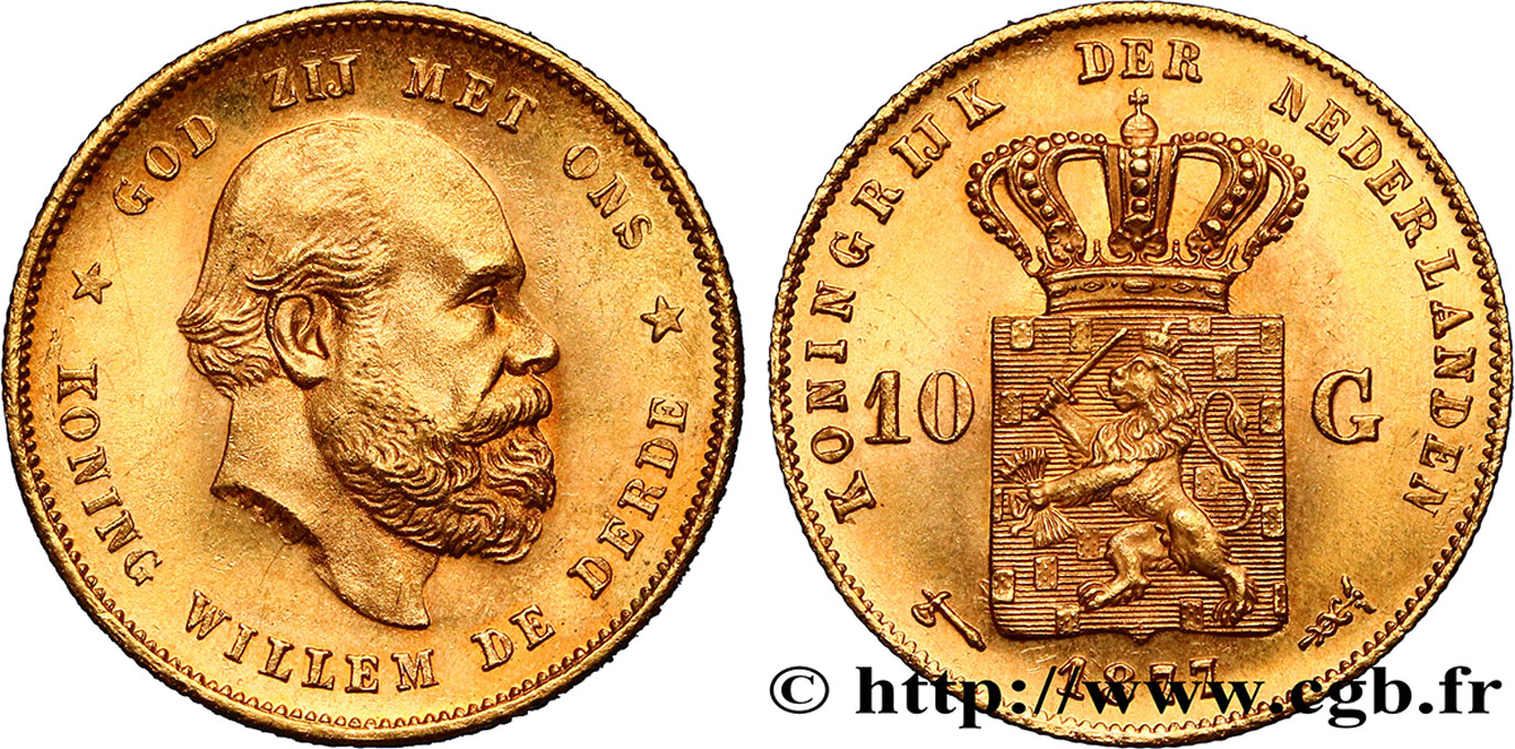 PAYS-BAS 10 Gulden Guillaume III, 2e type 1877 Utrecht SPL 