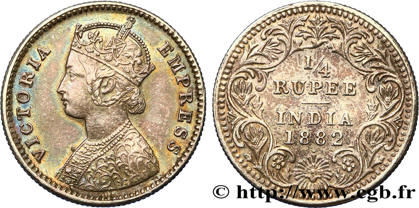 BRITISH INDIA 1/4 Rupee (Roupie) Victoria 1882 Calcutta XF 