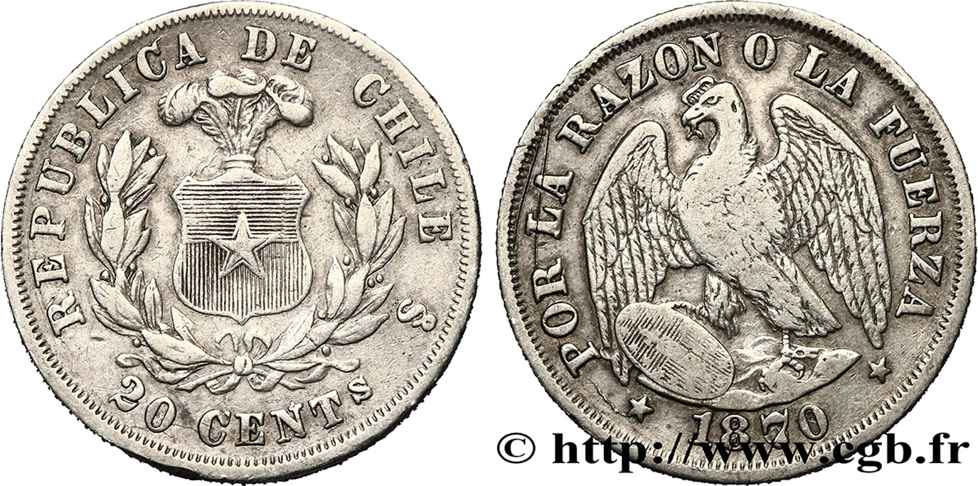 CHILI 20 Centavos condor 1870 Santiago TB+ 