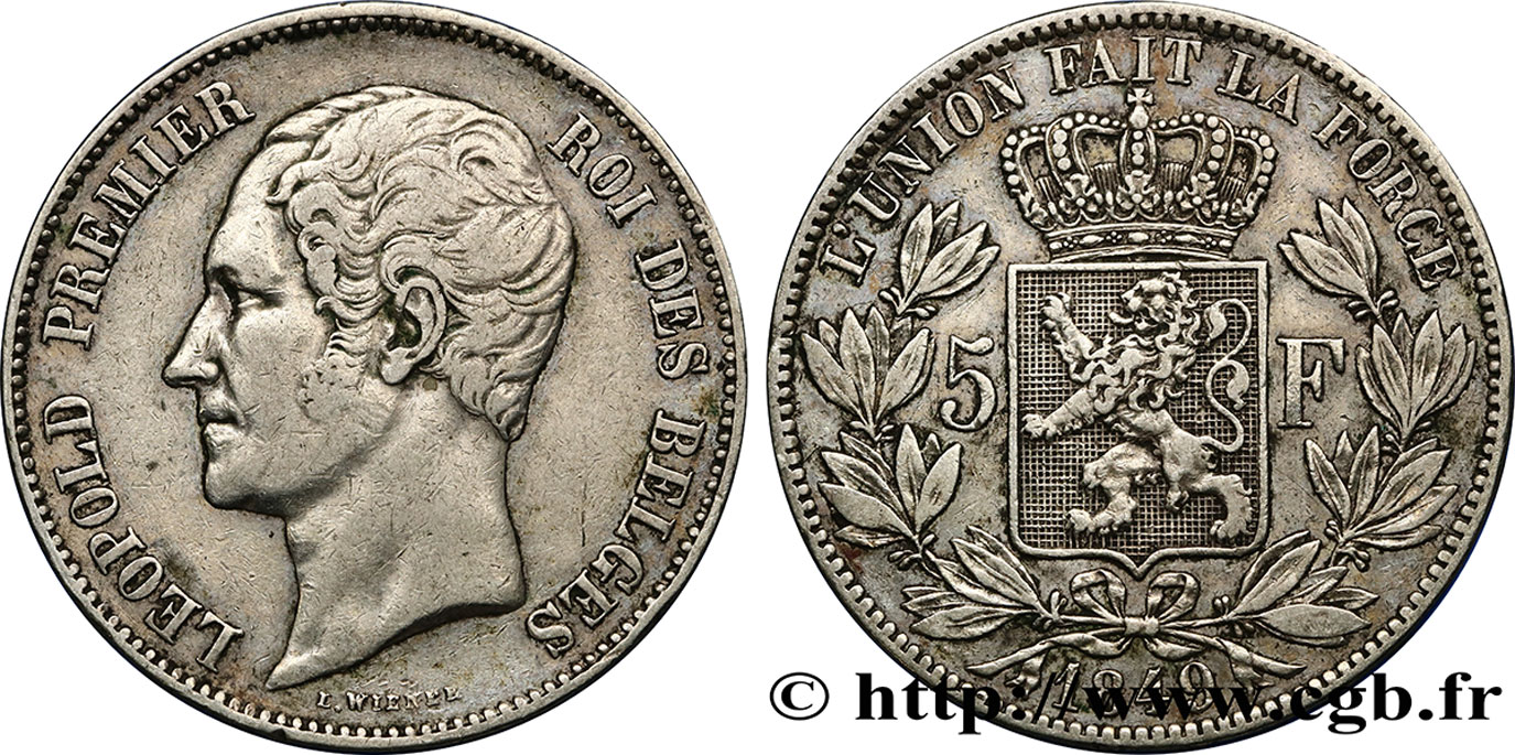 BELGIQUE 5 Francs Léopold Ier tête nue 1849  TB+ 