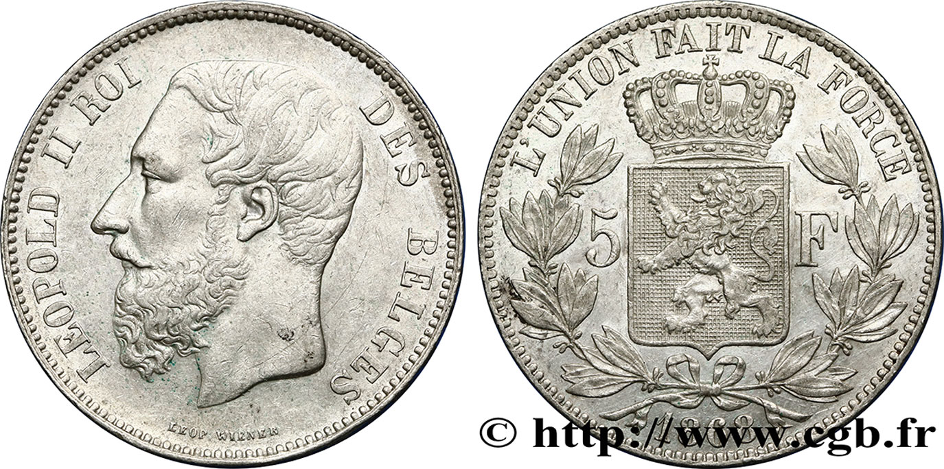 BELGIUM 5 Francs Léopold II  1868  AU 