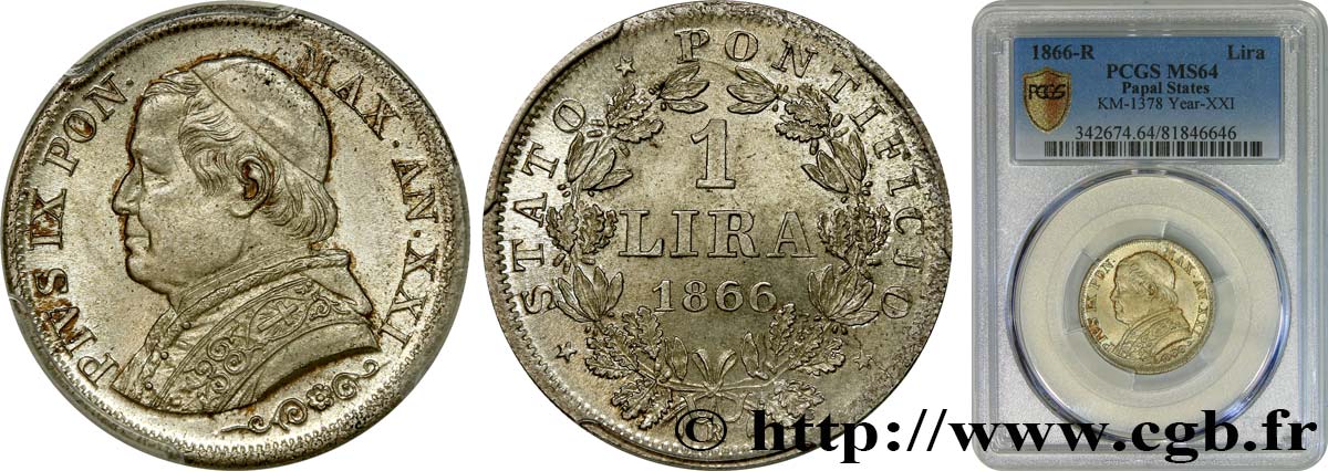 VATICAN AND PAPAL STATES 1 Lire Pie IX type grand buste an XXI 1866 Rome MS64 PCGS