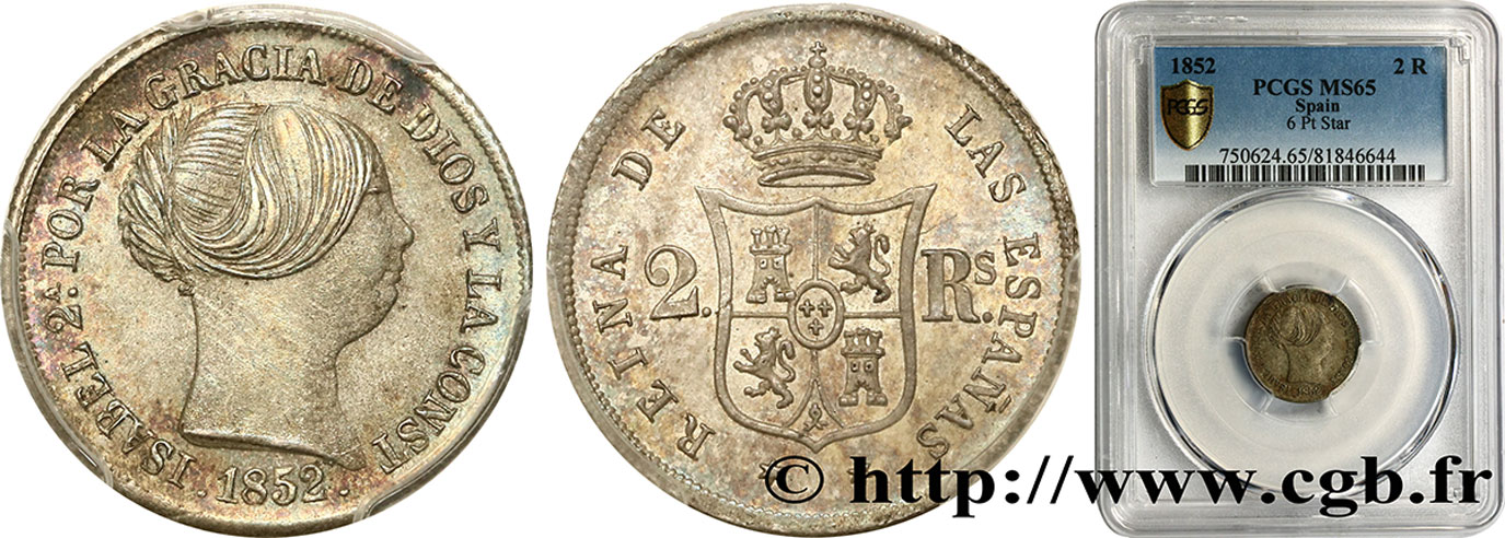 ESPAÑA 2 Reales  Isabelle II  1852 Madrid FDC65 PCGS