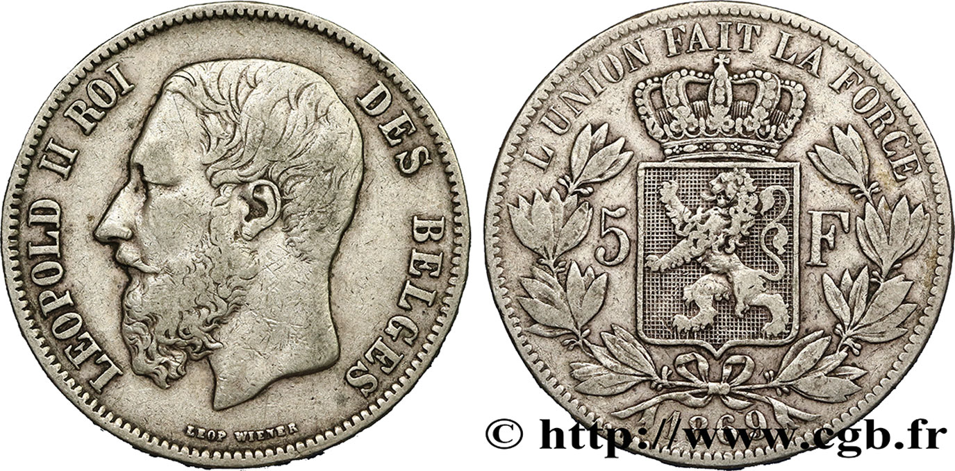 BÉLGICA 5 Francs Léopold II 1869  BC+/MBC 