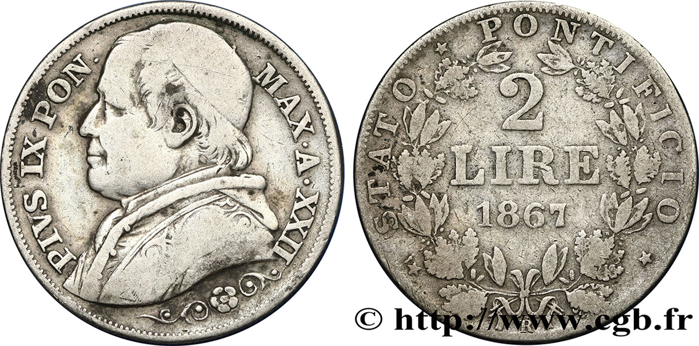 VATICAN AND PAPAL STATES 2 Lire Pie IX an XXII 1867 Rome VF 