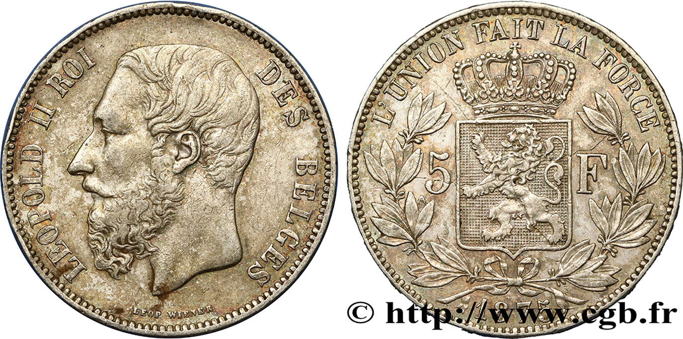 BELGIUM 5 Francs Léopold II 1875  XF/AU 