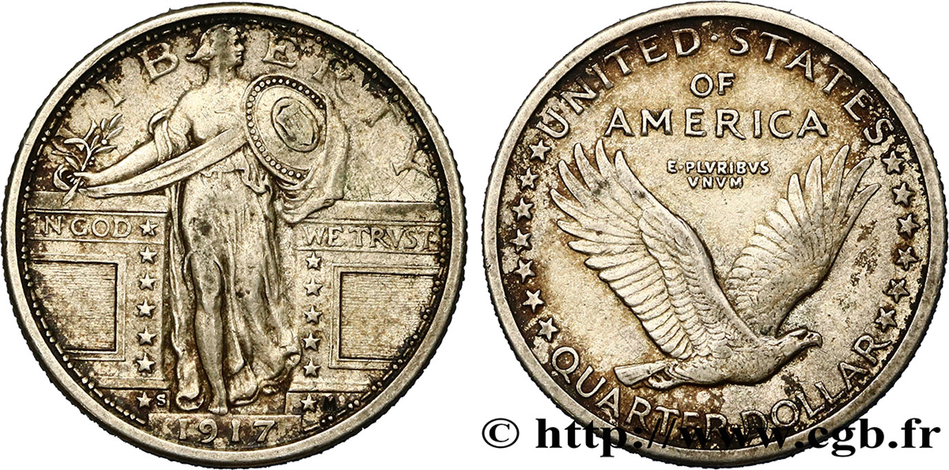ÉTATS-UNIS D AMÉRIQUE 1/4 Dollar Liberté sans étoiles sous l’aigle 1917 San Francisco TTB 