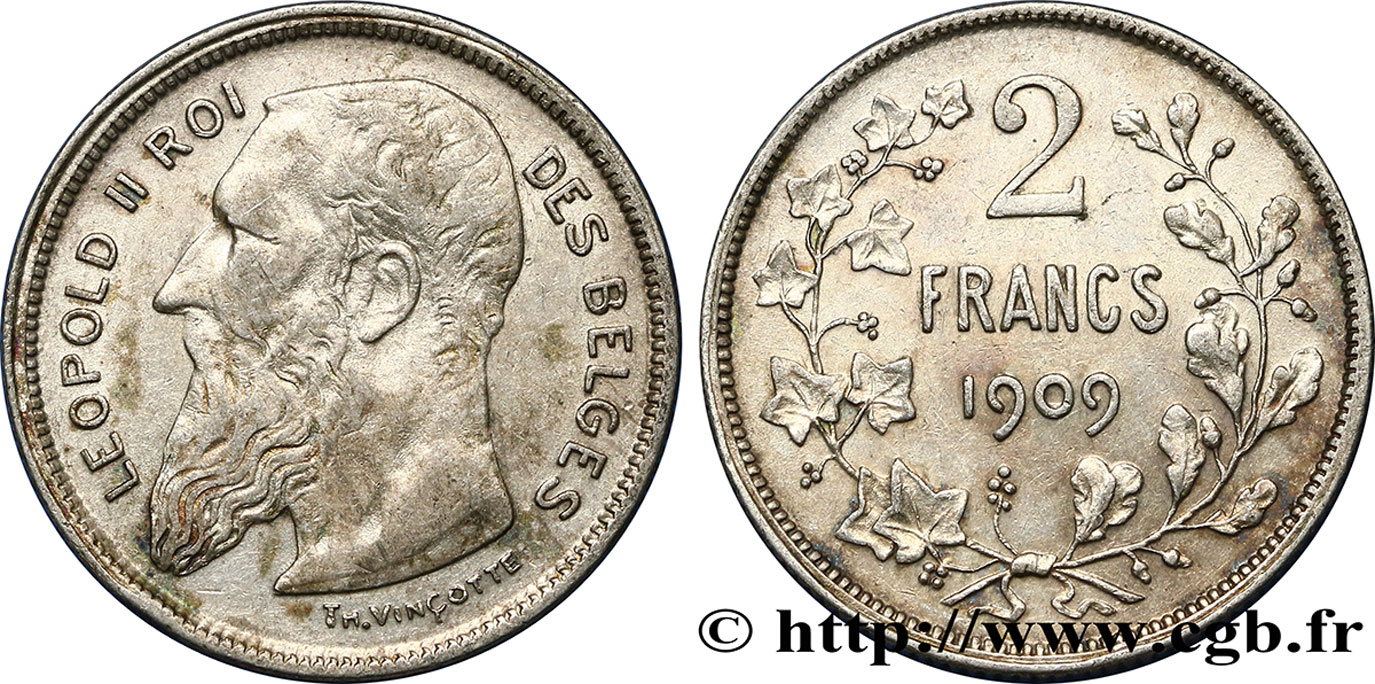 BELGIO 2 Francs Léopold II légende française 1909  BB 
